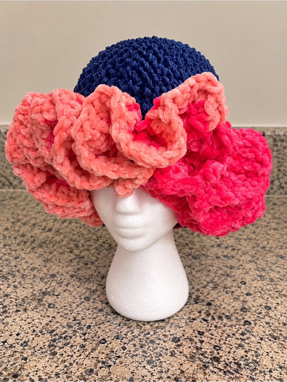 Handmade Ruffle Hat - Navy, Coral & Hot Pink